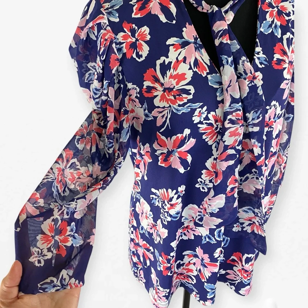 PerSeption Concept Blue Pink Tie scarf Front Ruffled Career v-neck Blouse top L - Picture 5 of 11